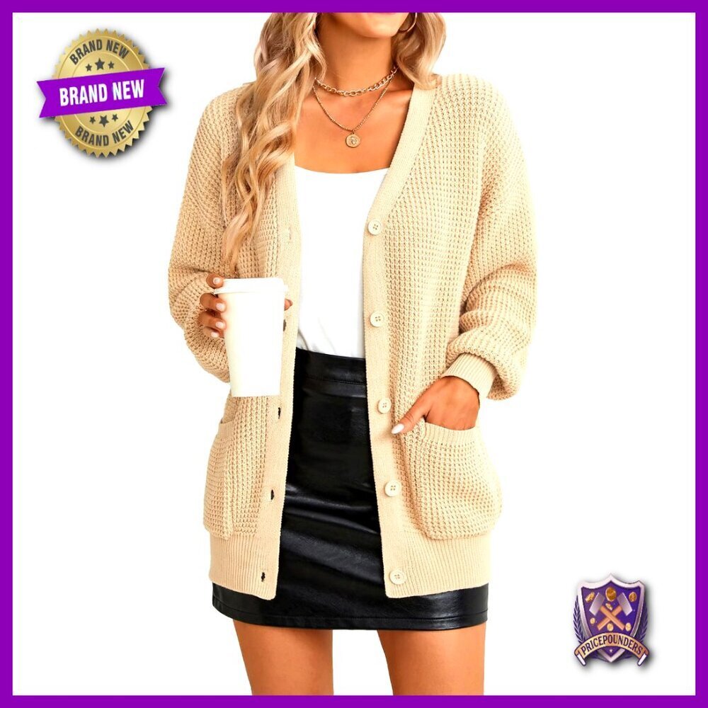 Oversized Cotton Cardigan Button-Down Knit Sweater with Pockets Chic Minimal